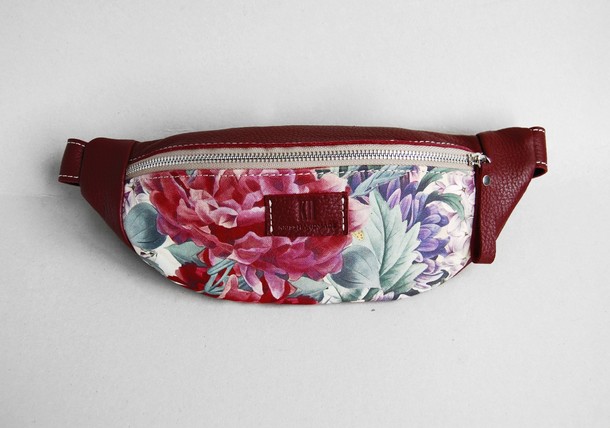 Fanny pack - Genuine leather belt bag (burgundy with flowers)